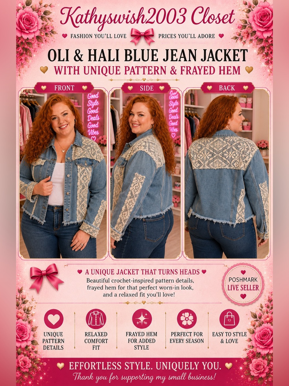 Oli & Hali Blue Jean Jacket with Unique Pattern and Frayed Hem - Picture 2 of 16